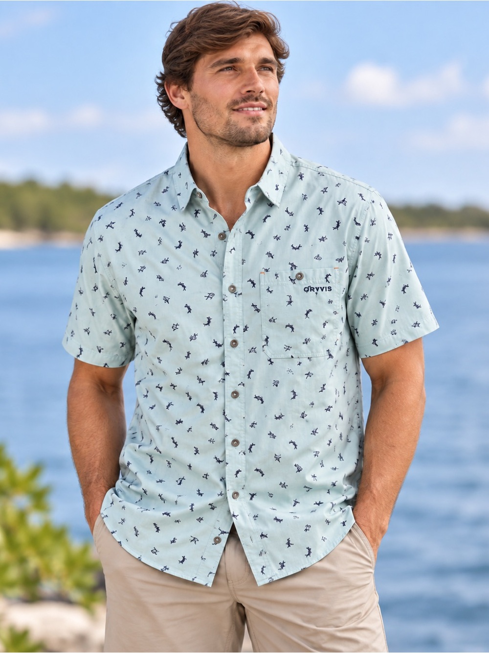 Orvis Men's Large Active Fit Fishing Shirt Blue Fish Print Short Sleeve Button U